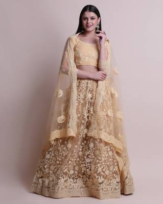 Cream Embroidered Net Semi Stitched Lehenga Choli With Dupatta 1