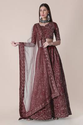 Maroon Taffeta silk Embroidered Semi Stitched Lehenga Choli With Dupatta 1