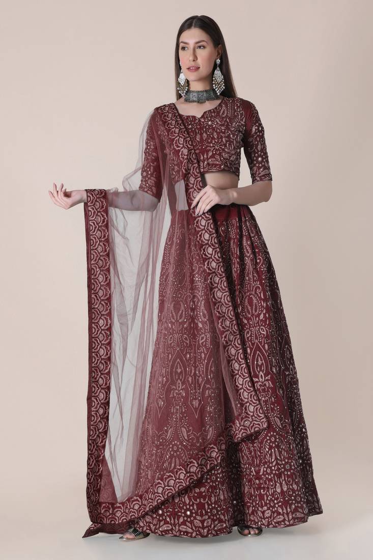 Maroon Taffeta silk Embroidered Semi Stitched Lehenga Choli With Dupatta