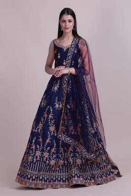 Blue Taffeta silk Embroidered Semi Stitched Lehenga Choli With Dupatta 1
