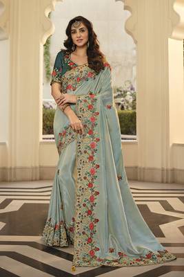   sea green embroidered viscose saree with blouse 1