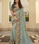   sea green embroidered viscose saree with blouse
