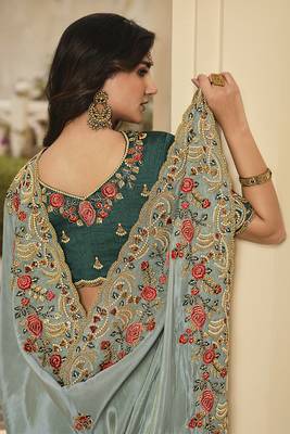   sea green embroidered viscose saree with blouse 3