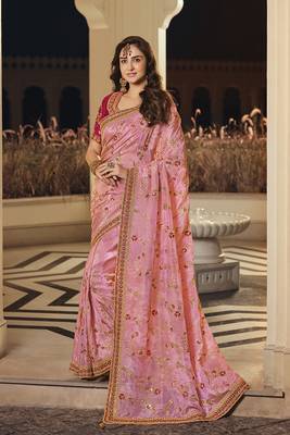  light pink embroidered viscose saree with blouse 1