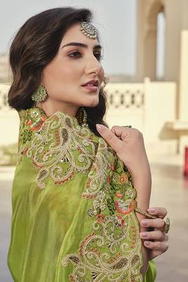   parrot green embroidered viscose saree with blouse 3