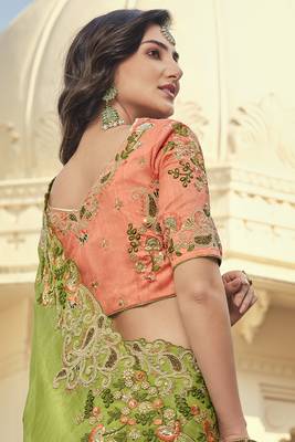   parrot green embroidered viscose saree with blouse 4