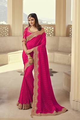   rani pink embroidered georgette saree with blouse 1