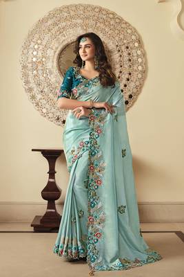   aqua blue embroidered viscose saree with blouse 1