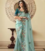   aqua blue embroidered viscose saree with blouse