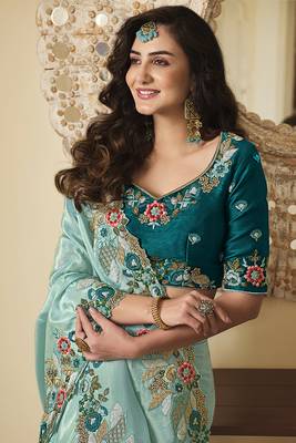   aqua blue embroidered viscose saree with blouse 2