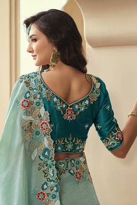   aqua blue embroidered viscose saree with blouse 3