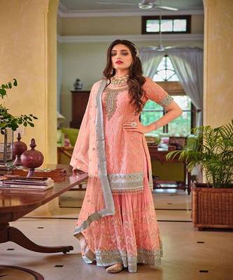 Peach embroidery georgette semi stitch gharara gharara sawlar suits 1