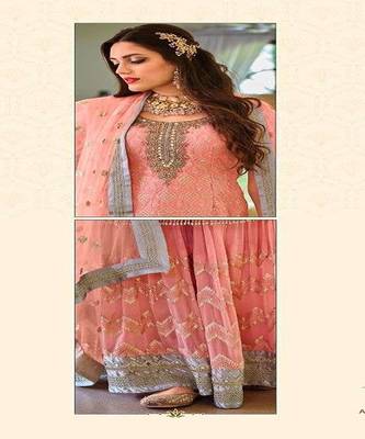 Peach embroidery georgette semi stitch gharara gharara sawlar suits 3