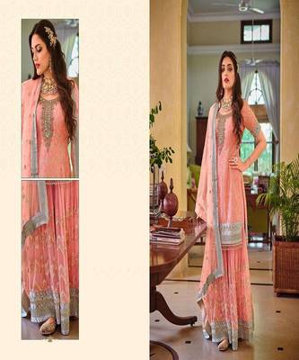 Peach embroidery georgette semi stitch gharara gharara sawlar suits 4