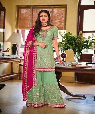 Pastel Green embroidery georgette semi stitch gharara gharara sawlar suits 1