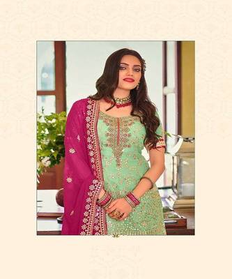 Pastel Green embroidery georgette semi stitch gharara gharara sawlar suits 3