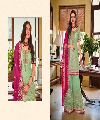 Pastel Green embroidery georgette semi stitch gharara gharara sawlar suits 4