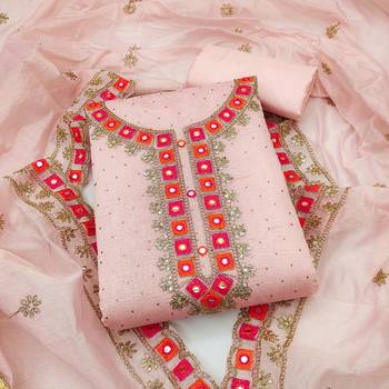 Light Pink Chanderi Mirror & Sequin Embroidered Dress Material 1
