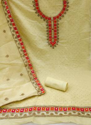 Light Yellow Chanderi Mirror & Sequin Embroidered Dress Material 2