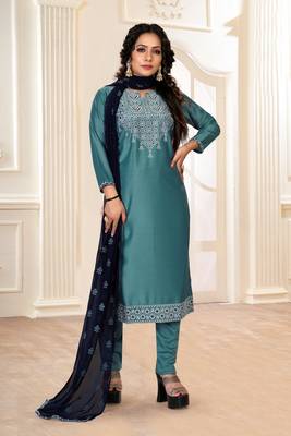 Teal-blue embroidered silk silk-kurtis 1