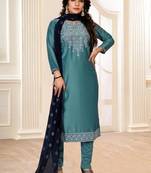 Teal-blue embroidered silk silk-kurtis