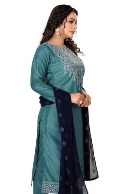 Teal-blue embroidered silk silk-kurtis 3