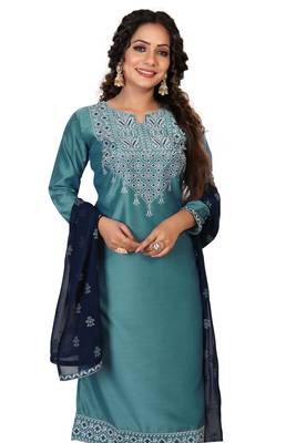 Teal-blue embroidered silk silk-kurtis 4