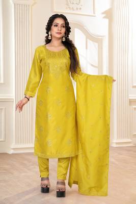 Mustard embroidered silk silk-kurtis 1
