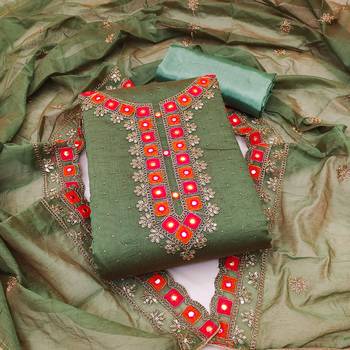Green Chanderi Mirror & Sequin Embroidered Dress Material 1