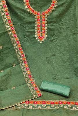 Green Chanderi Mirror & Sequin Embroidered Dress Material 2