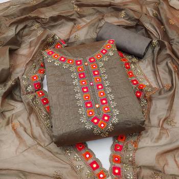 Brown Chanderi Mirror & Sequin Embroidered Dress Material 1