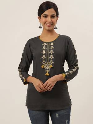 Grey embroidered viscose rayon cotton-tops 1