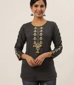 Grey embroidered viscose rayon cotton-tops