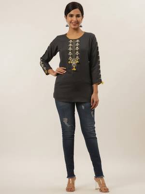 Grey embroidered viscose rayon cotton-tops 2
