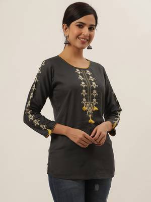 Grey embroidered viscose rayon cotton-tops 5