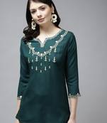 Green embroidered viscose rayon cotton-tops