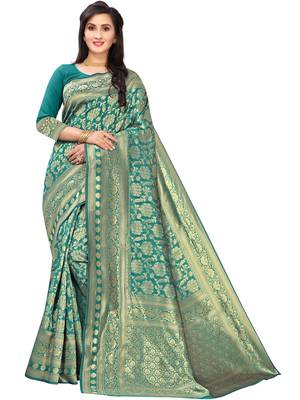 Turquoise Woven Silk Blend Saree With Blouse 1