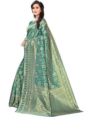 Turquoise Woven Silk Blend Saree With Blouse 2