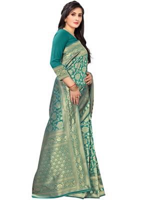 Turquoise Woven Silk Blend Saree With Blouse 3
