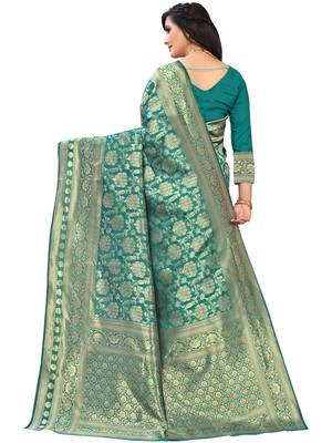 Turquoise Woven Silk Blend Saree With Blouse 4