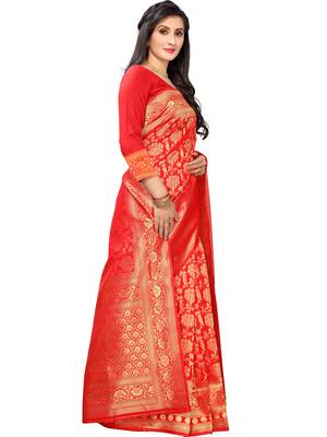 Red Woven silk blend Saree With Blouse 3