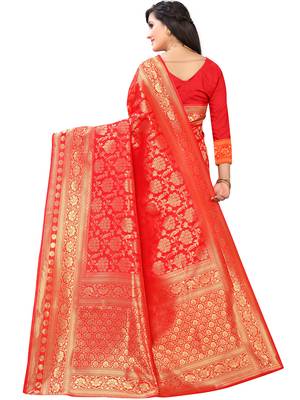 Red Woven silk blend Saree With Blouse 4