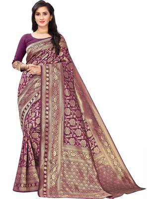 Purple Woven silk blend Saree With Blouse 1