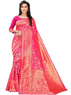 Hot Pink Woven silk blend Saree With Blouse 1