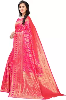 Hot Pink Woven silk blend Saree With Blouse