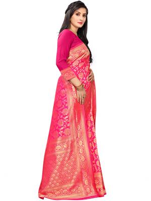 Hot Pink Woven silk blend Saree With Blouse 3