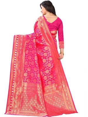 Hot Pink Woven silk blend Saree With Blouse 4
