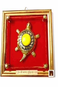Shri Vyapar Vridhi Yantra On Brass Turtle | Tortoise With Golden Beaded Design In Frame (Yellow) (Wall Hanging)