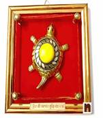 Shri Vyapar Vridhi Yantra On Brass Turtle | Tortoise With Golden Beaded Design In Frame (Yellow) (Wall Hanging)