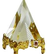 Feng Shui Crystal Glass Pyramid with Golden Stand For Spiritual Healing Vastu Correction and Balancing (Small) (4 Cms)